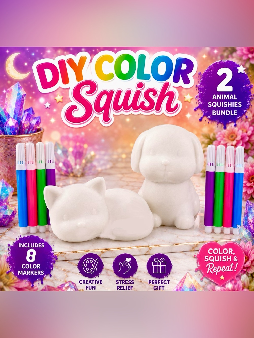 NEW 2pc DIY Color Squish Dog & Cat Animal Squishies Coloring Crafts + 8 Markers